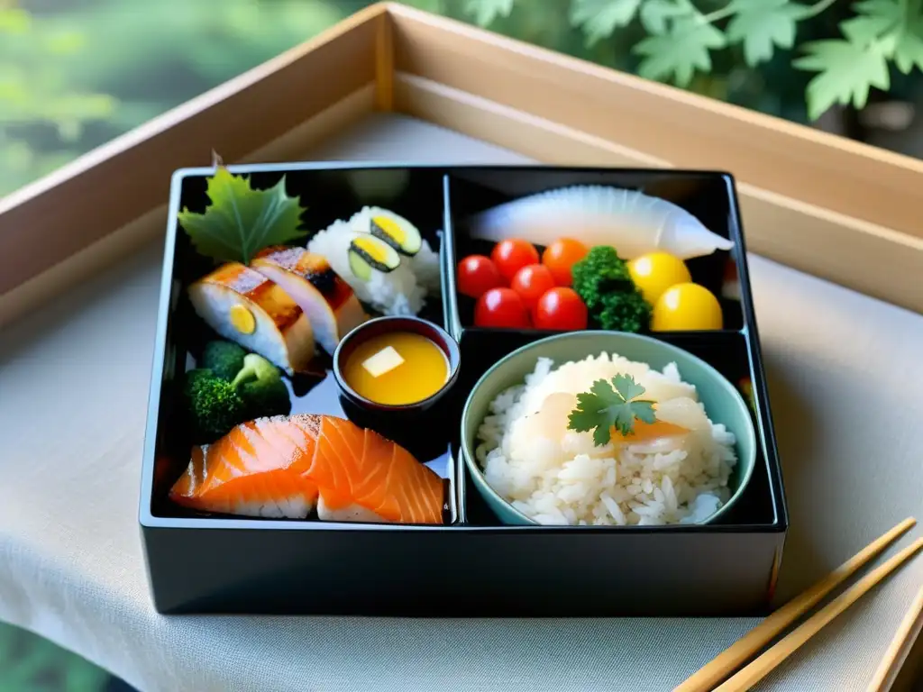 Un bento lacado japonés con especialidades tradicionales, en un jardín sereno con hojas de arce cayendo