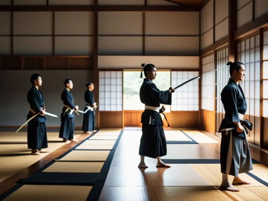 Una fotografía en blanco y negro de un dojo moderno, con espadas samurái alineadas y estudiantes practicando artes marciales