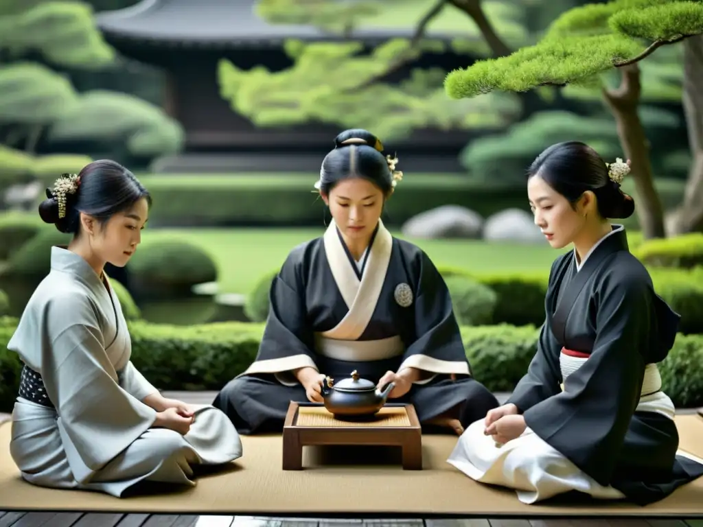 Una fotografía en blanco y negro muestra a un grupo de samuráis participando en una ceremonia del té en un jardín japonés, evocando la Filosofía del código del samurái