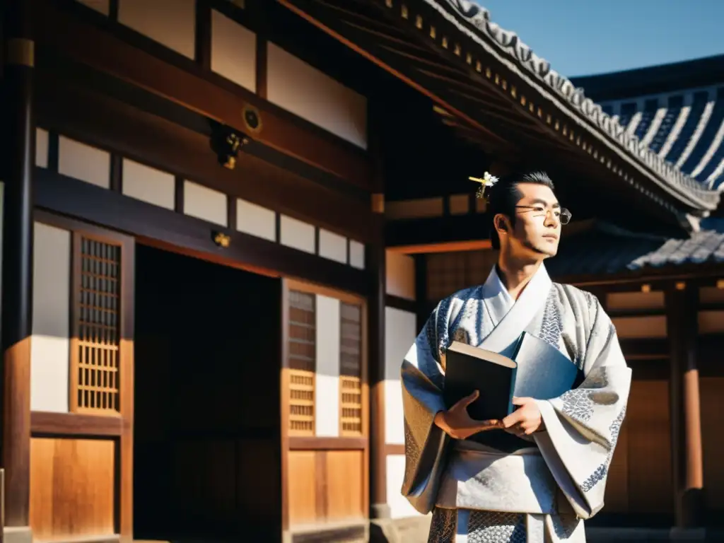 Fotografía en blanco y negro de Fukuzawa Yukichi, con kimono, sosteniendo un libro frente a edificio tradicional japonés