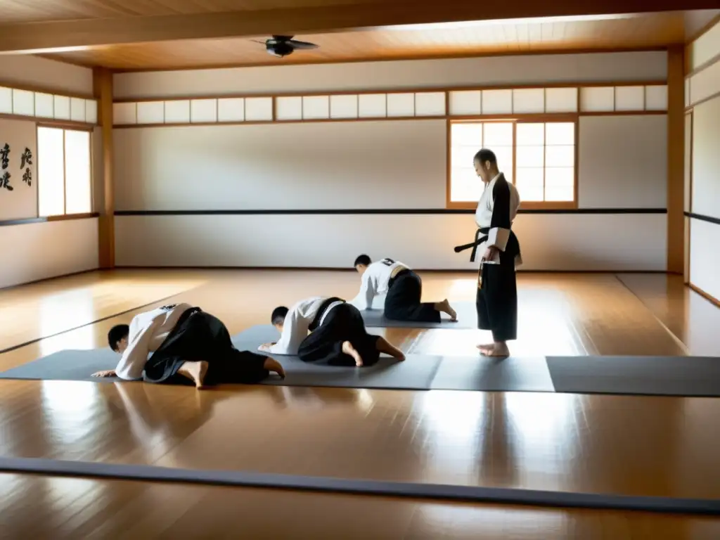 Una fotografía en blanco y negro de un moderno dojo, con estudiantes en trajes tradicionales de artes marciales inclinándose ante su sensei