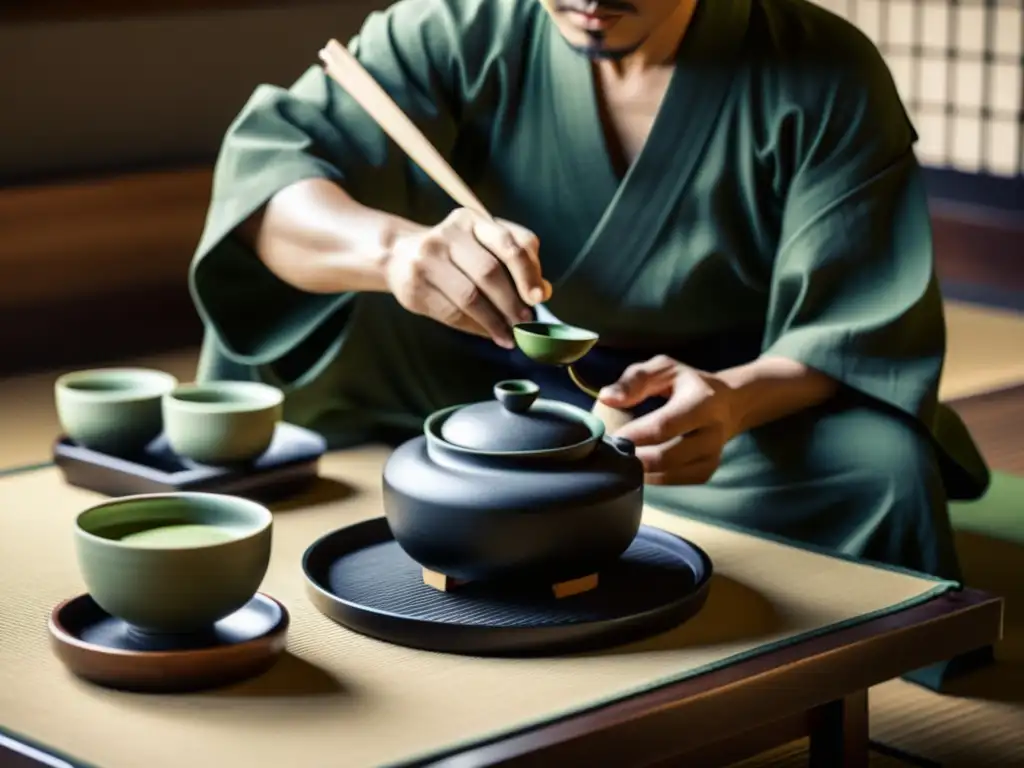 Una fotografía en blanco y negro captura la serenidad de una ceremonia del té japonesa, con el maestro de té preparando matcha con movimientos precisos