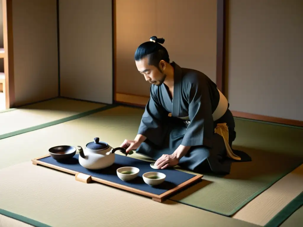 Una fotografía en blanco y negro de una tradicional ceremonia del té japonés