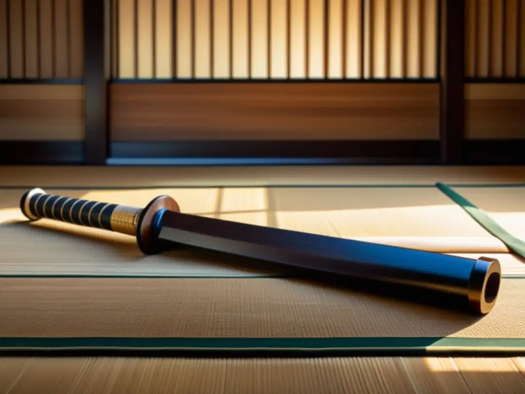 Una bokken de madera descansando en un tatami, evocando la disciplina del entrenamiento samurái y la vida familiar