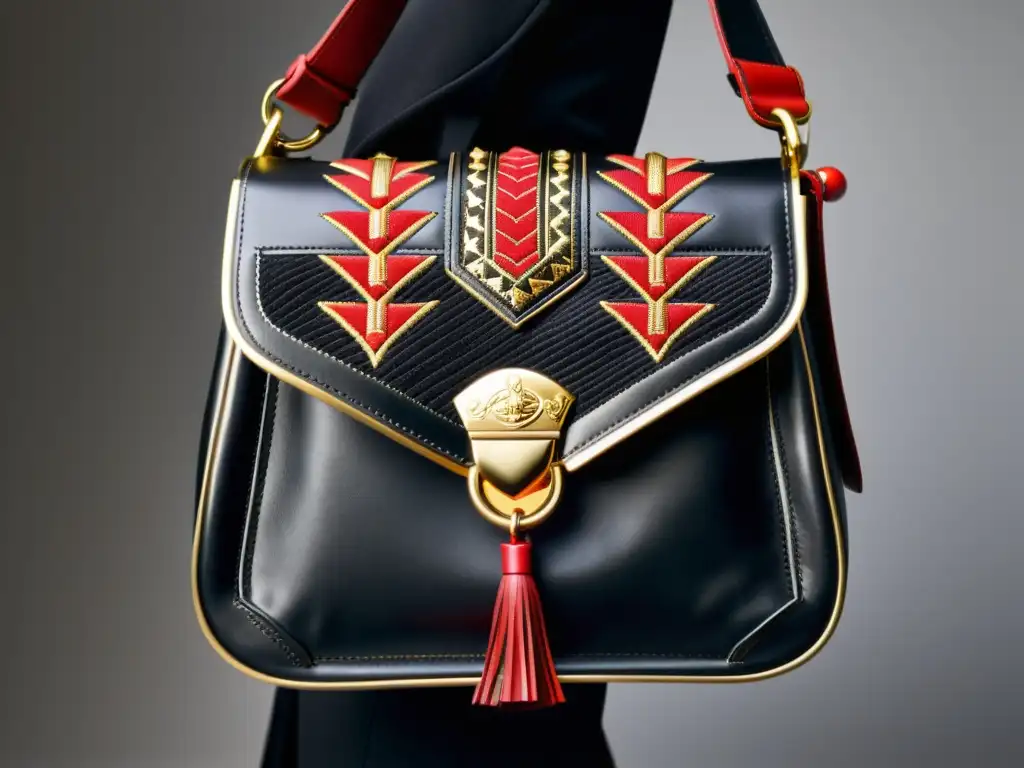 Un bolso de diseñador moderno con detalles bordados inspirados en samuráis, en lujosa piel negra con toques de rojo y dorado