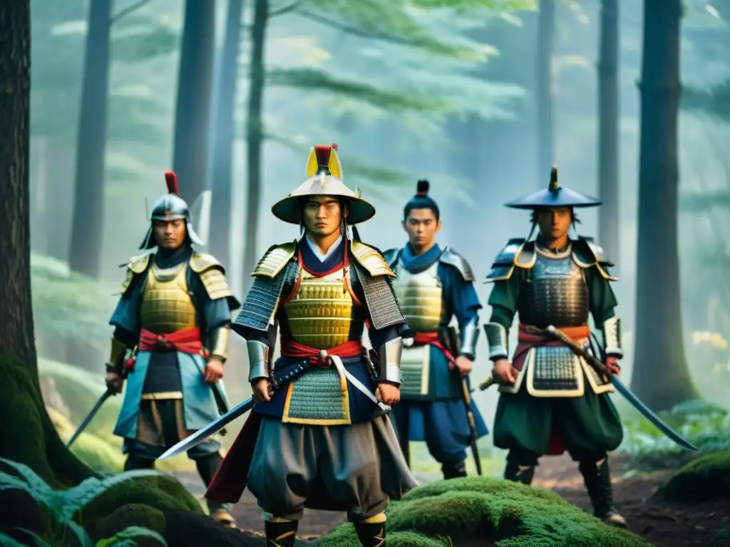 El bosque envuelto en niebla revela a un grupo de samuráis del Clan Heike