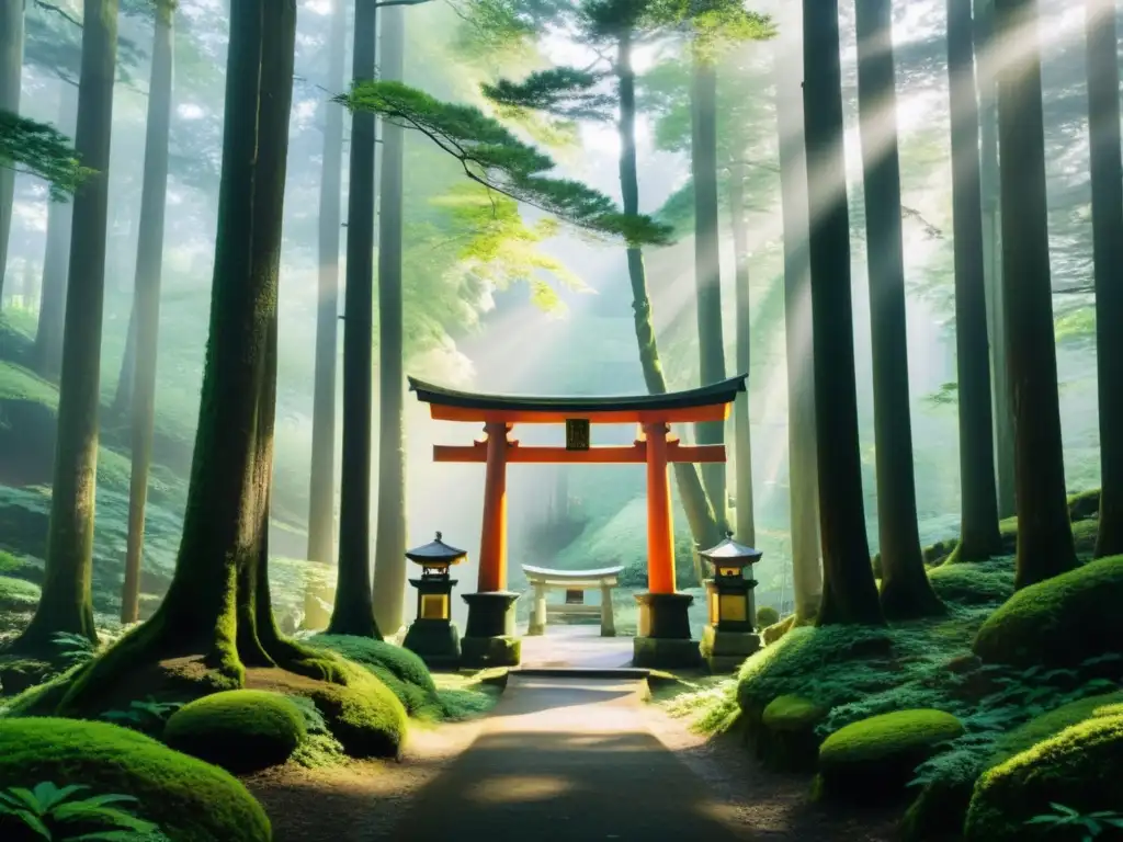 Un bosque tranquilo envuelto en niebla con un torii japonés antiguo, evocando la influencia del Shinto y Budismo en samurái