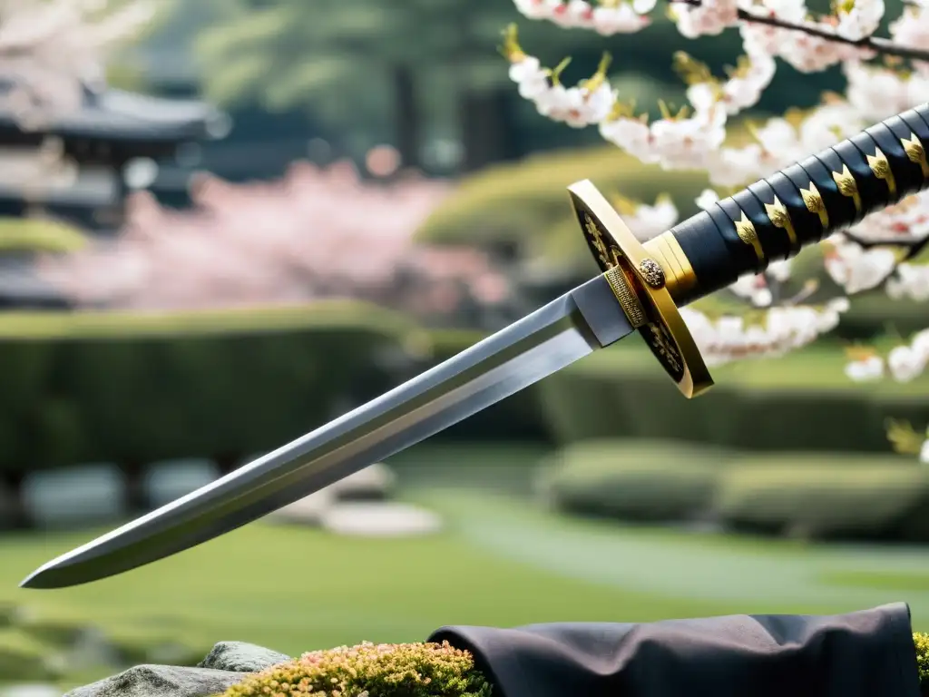 El brillante katana contrasta con el apacible jardín japonés, capturando la dualidad de la cultura samurái y su impacto en el mundo moderno