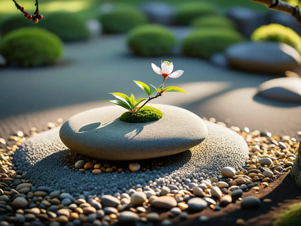 Budismo Zen en la cultura samurái: Jardín de rocas japonés sereno con un cerezo en flor y una casa de té tradicional