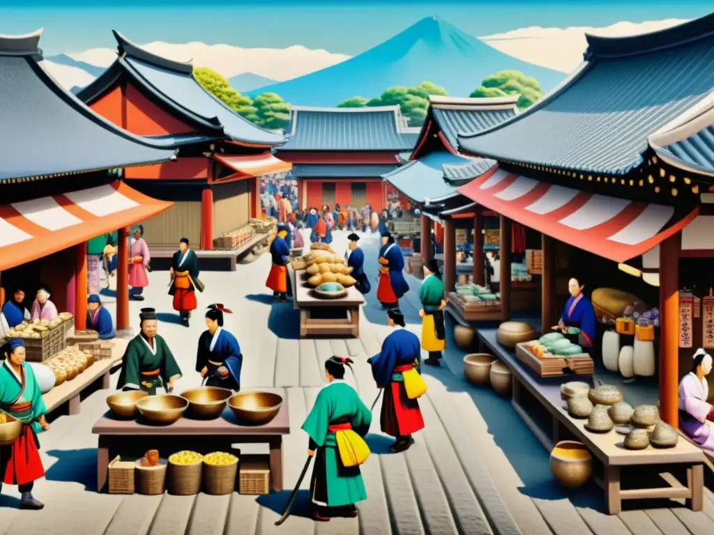 Un bullicioso mercado feudal japonés, con mercaderes, samuráis y vibrantes colores, muestra la influencia económica en la estructura samurái