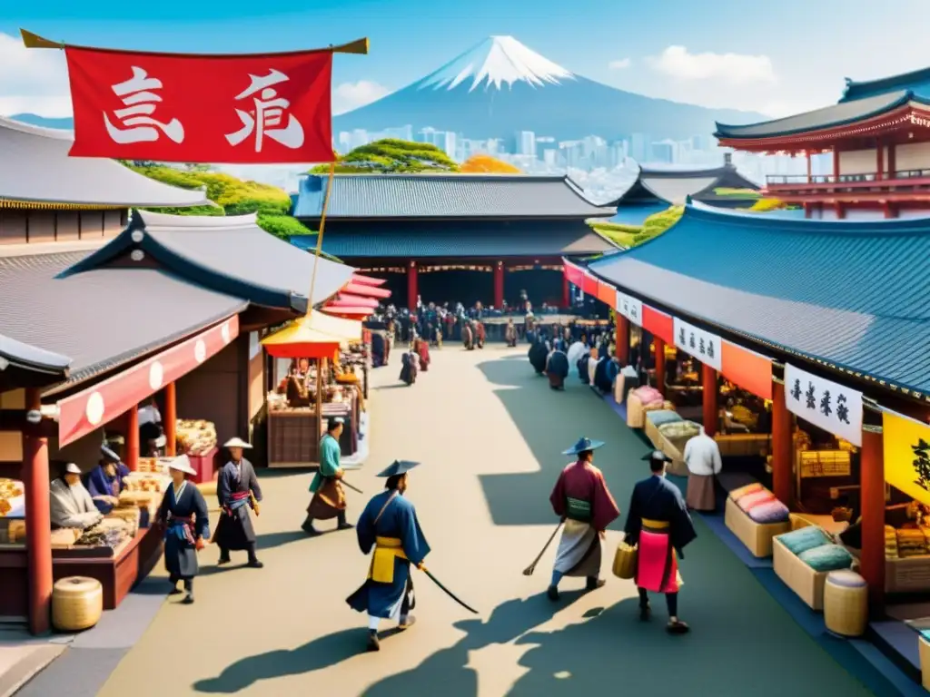 Un bullicioso mercado japonés con samuráis y comerciantes, coloridos banners y arquitectura tradicional