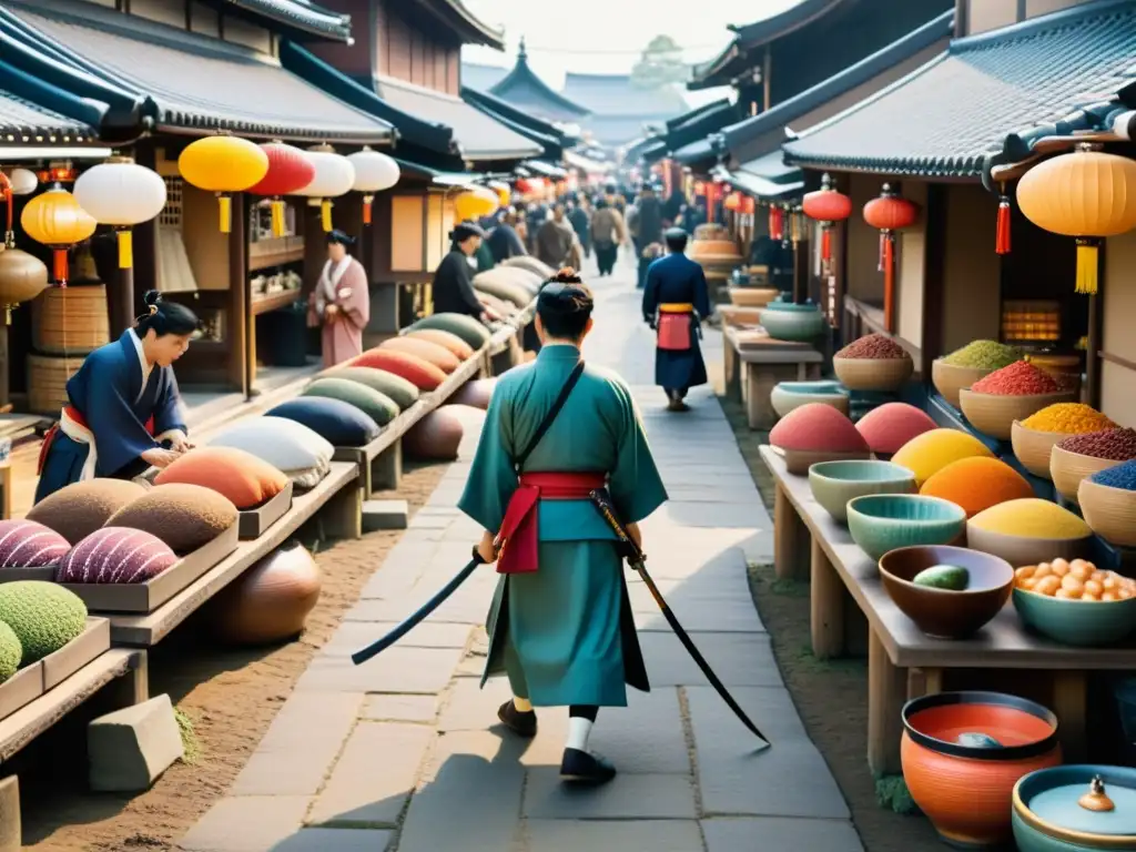 Un bullicioso mercado japonés tradicional en la ruta comercial samurái, con intercambios de bienes y una atmósfera vibrante