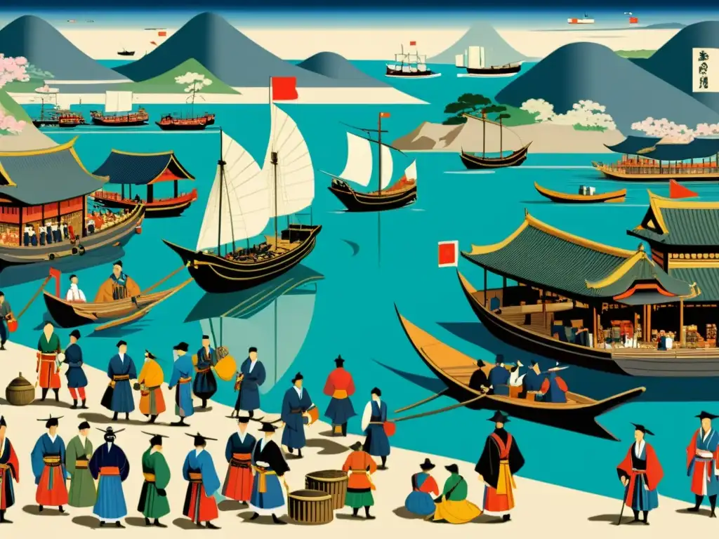 Portuario japonés del siglo XVI: encuentro cultural En el bullicioso puerto japonés del siglo XVI, el impacto del comercio Nanban se refleja en la convivencia de culturas, con barcos europeos y samuráis