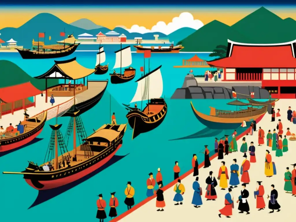 Nanban Trade: Intercambio cultural en el puerto de Japón del siglo XVI En el bullicioso puerto del Japón del siglo XVI, los comerciantes europeos intercambian con los samuráis