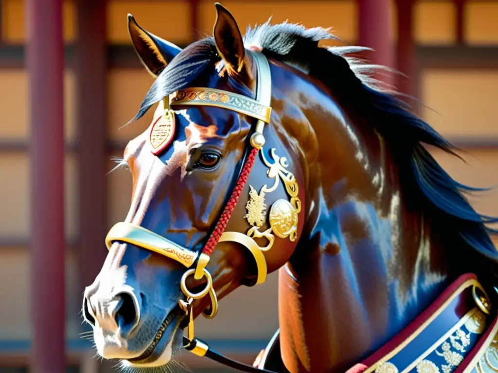 Un caballo samurái adornado con armadura dorada y roja, simbolizando la importancia de los caballos samurái en la tradición japonesa