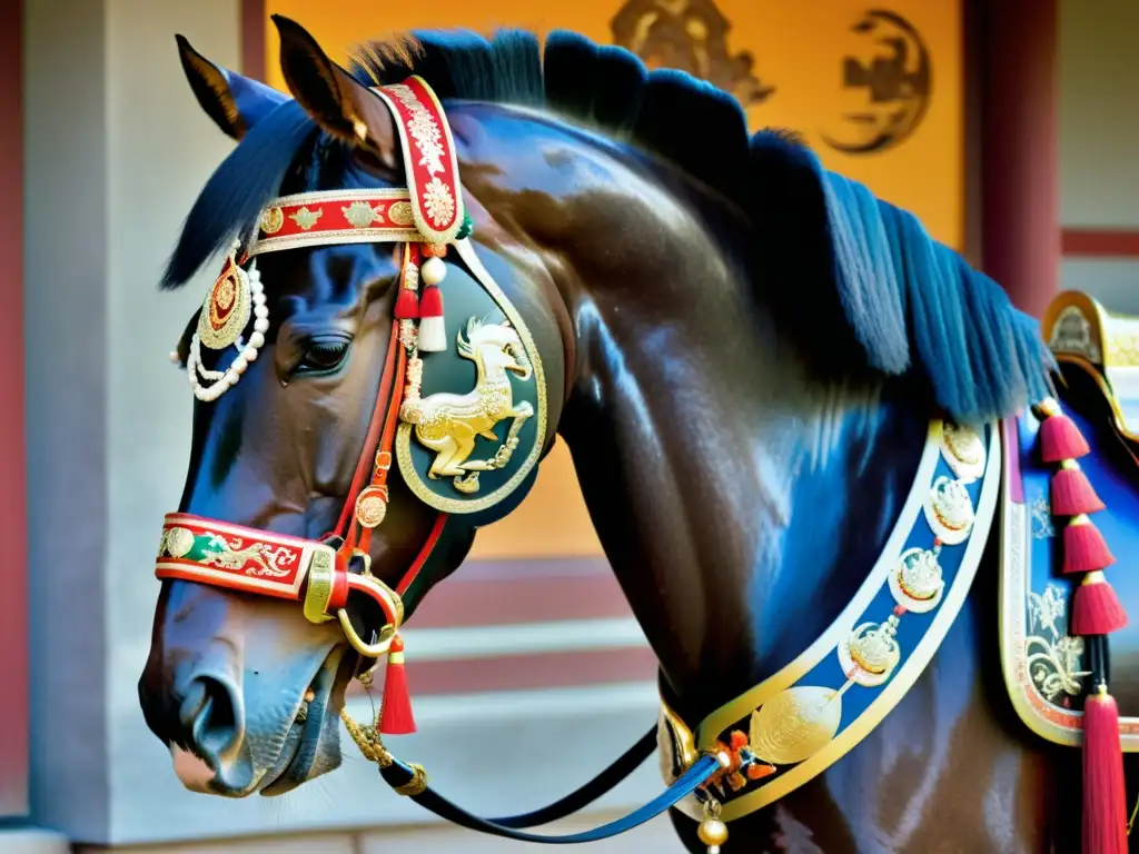 Un caballo samurái ricamente decorado con armadura y ornamentación regia, simbolizando honor y tradición en la cultura samurái