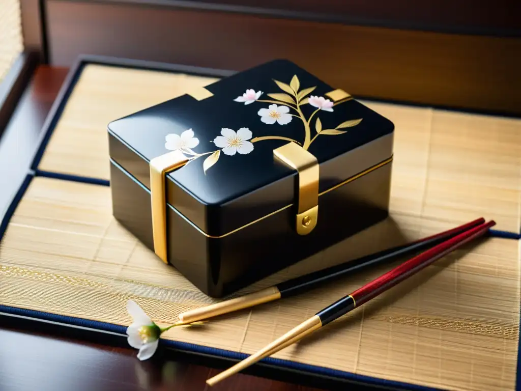 Una caja bento japonesa lacada, adornada con cerezos pintados a mano y detalles de hojas de oro, sobre esteras de bambú