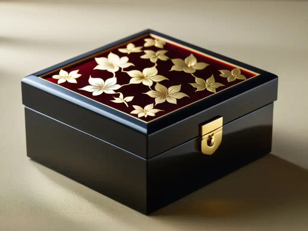 Una caja japonesa de laca con diseños florales en oro y rojo, revela capas de hojas de té