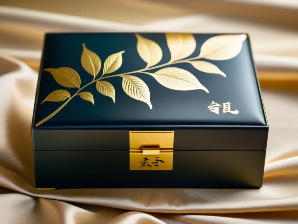 Una caja japonesa lacada con detalles en oro, con hojas de té y una nota de caligrafía