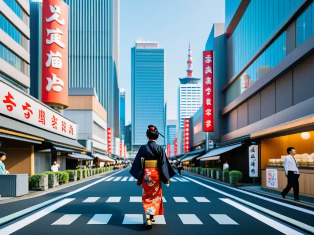 Una calle urbana contemporánea en Tokio muestra la fusión de la estética samurái moderna con rascacielos