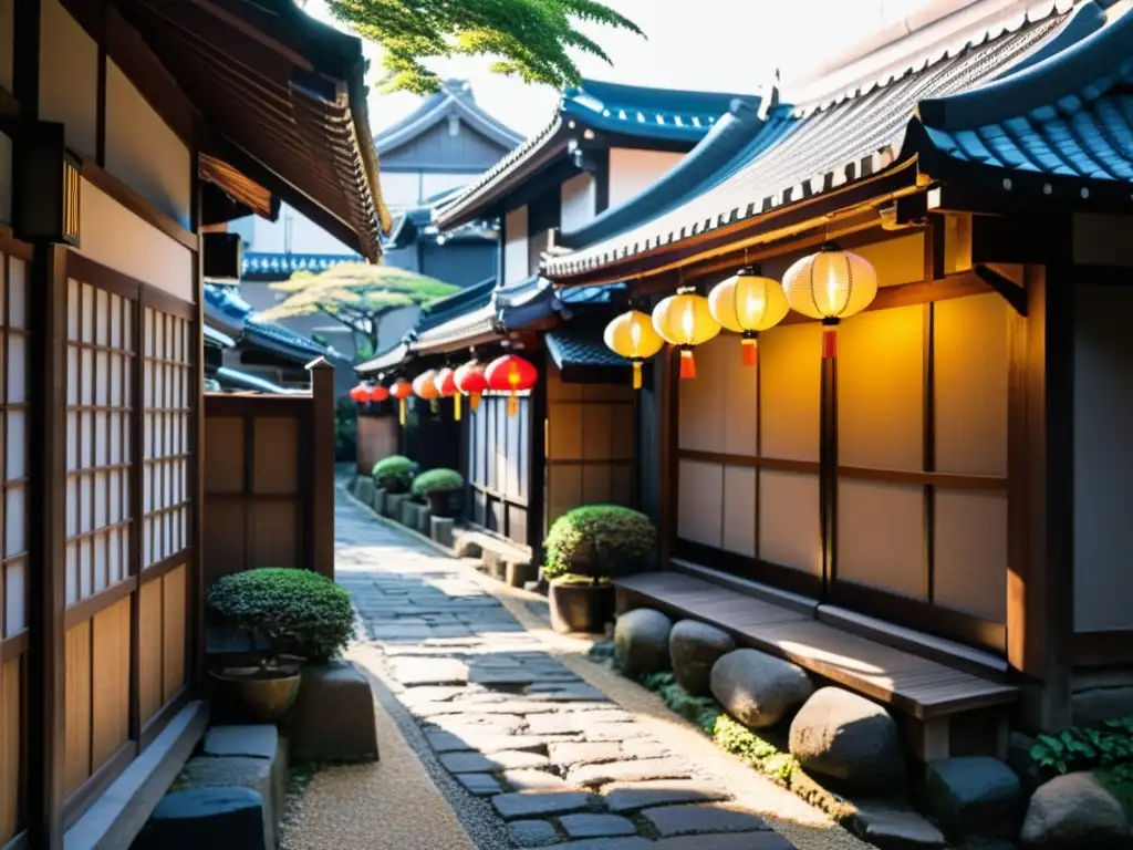 Un callejón de Tokio con edificios tradicionales y un ronin en la cultura samurái, evocando la esencia de la vida urbana y la historia antigua