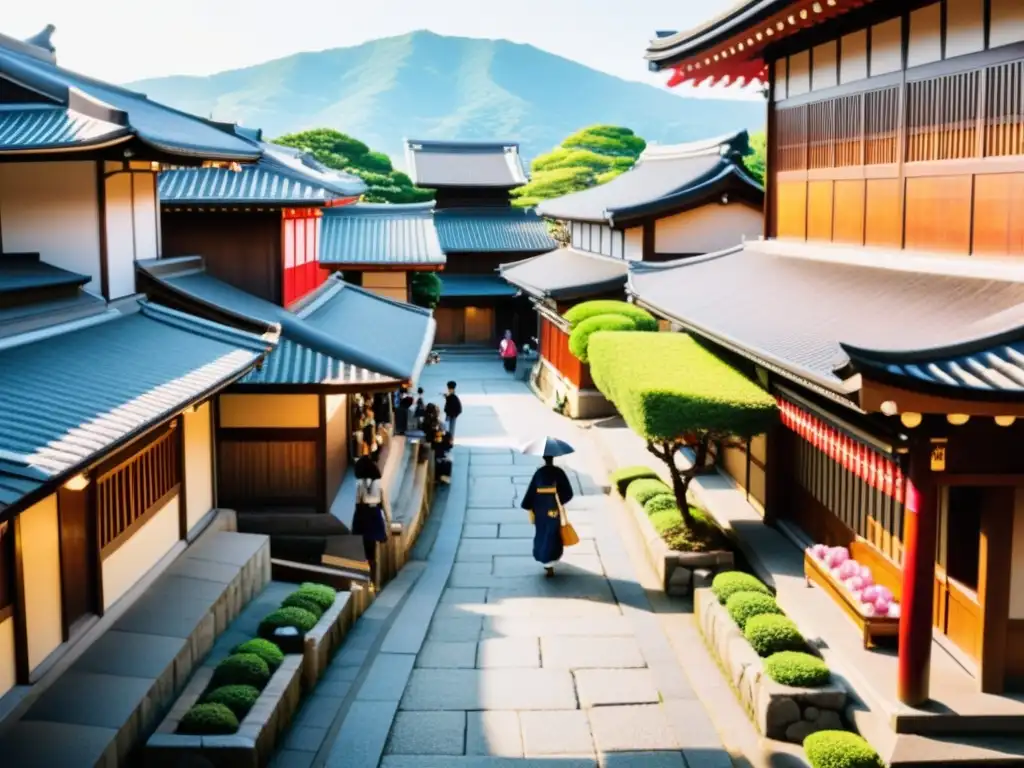 Calles históricas de Kyoto, Japón, con arquitectura tradicional y mercado bullicioso