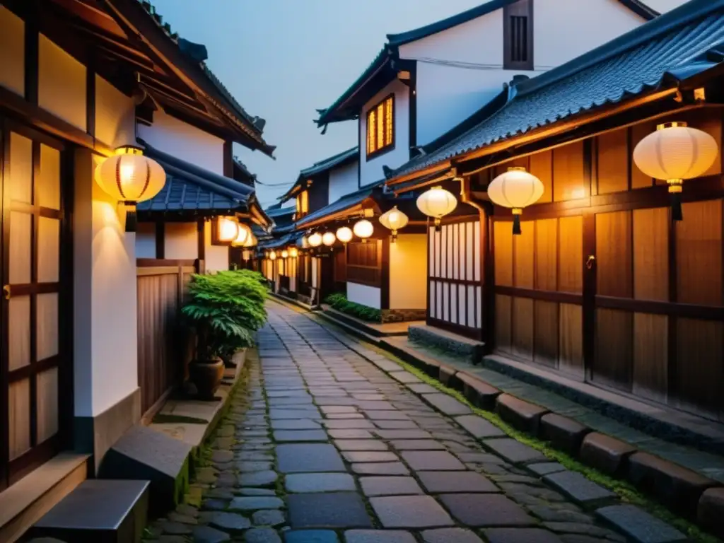 Calles históricas de Kochi, Japón, con edificios de madera y faroles, evocando el misterio del Samurai Ryoma Sakamoto