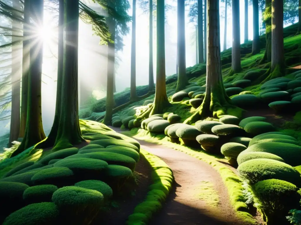 Un camino de piedra cubierto de musgo serpentea entre cedros antiguos en un bosque frondoso, creando una atmósfera tranquila y mística