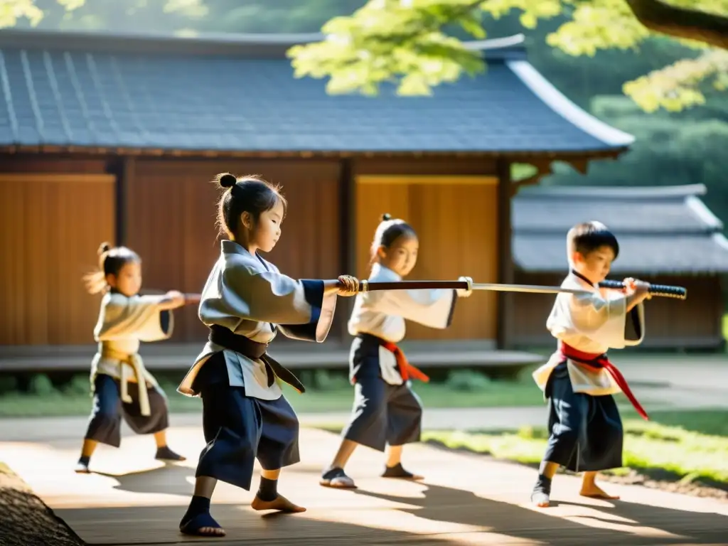 Campamento temático samurái en la naturaleza: niños practican artes marciales en un claro boscoso, rodeados de serenidad y tradición