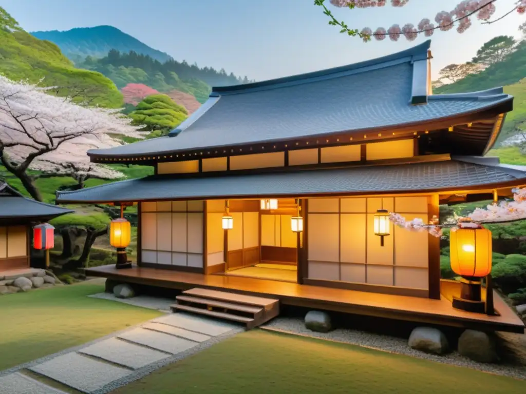 Campamento temático samurái en la naturaleza: tradicional posada japonesa, sakuras en flor, samuráis disfrutando de una cena bajo las estrellas