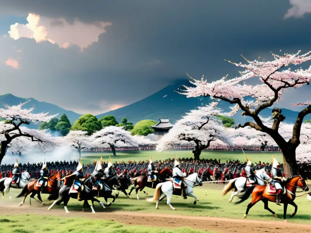 Un campo de batalla en Japón feudal, con samuráis en un feroz enfrentamiento