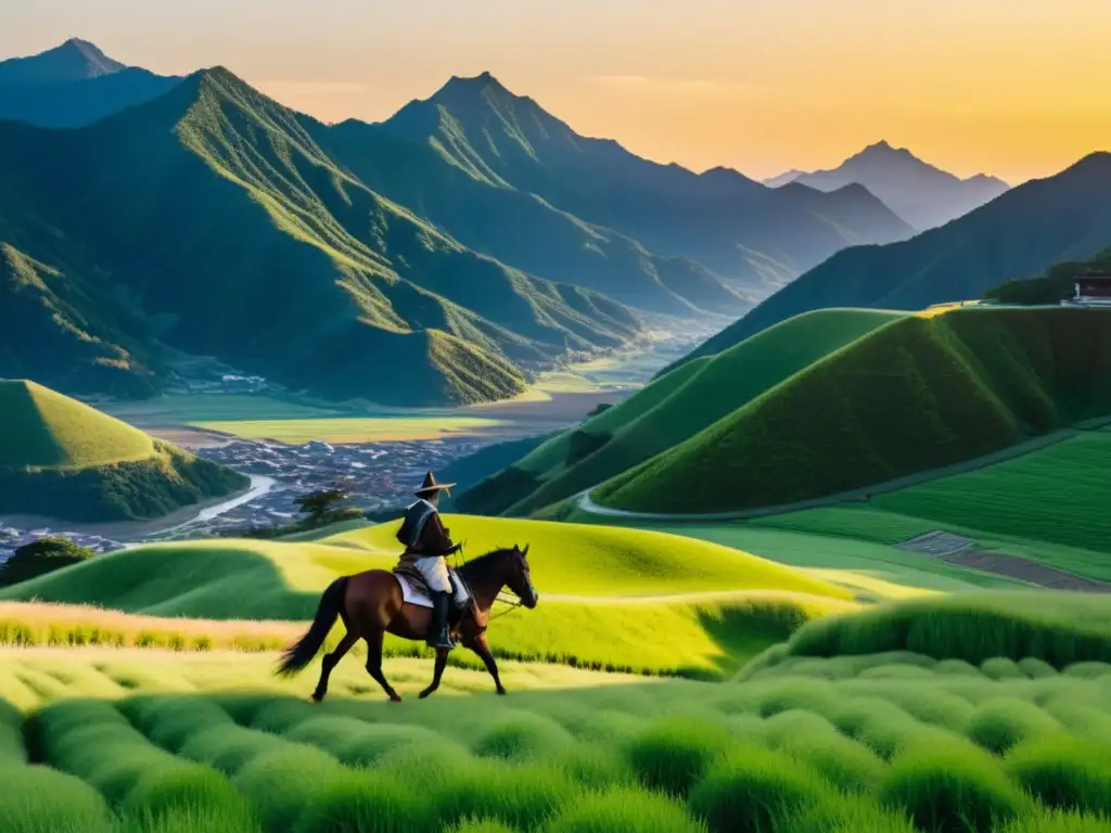 Campo de Kawanakajima al atardecer, con guerrero solitario evocando a Takeda Shingen líder carismático