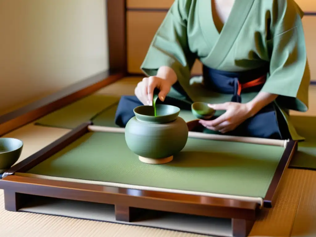 Captura del refinado Ritual del té samurái contemporáneo, con un maestro del té realizando movimientos precisos en un sereno espacio japonés