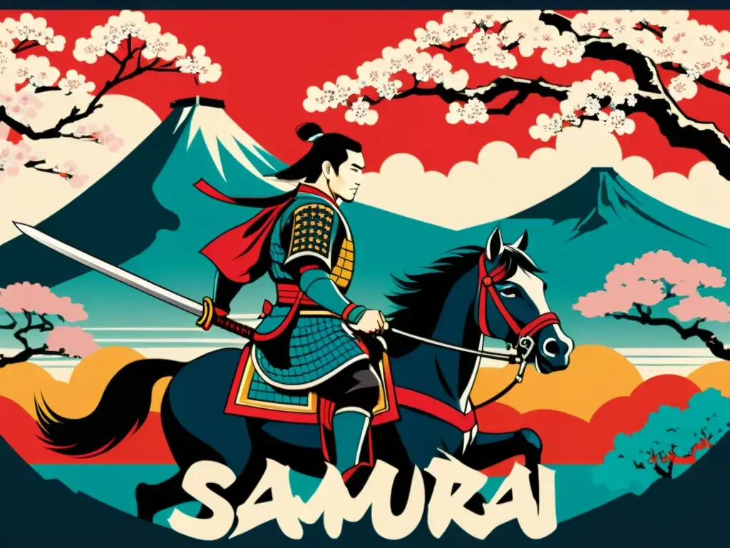 Cartel de película de samuráis clásico con influencia en Hollywood, detallado y vibrante, evocando una batalla feroz y paisaje japonés