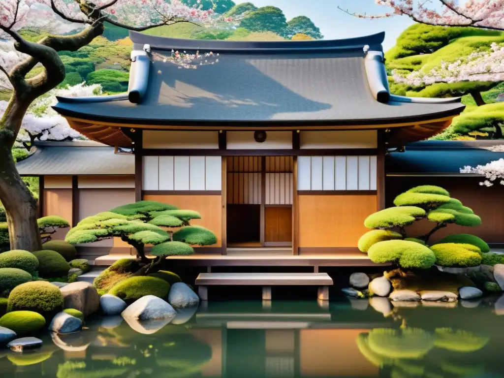 Una casa samurái tradicional con detalles arquitectónicos y jardín paisajístico, rodeada de cerezos en flor