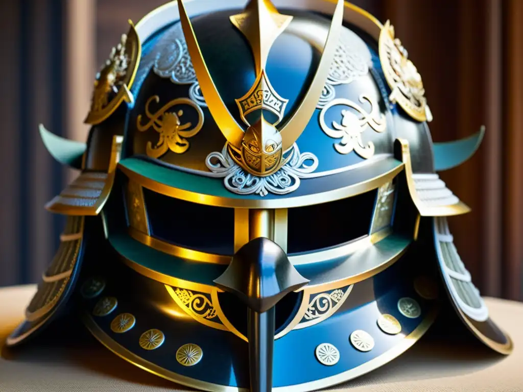 El espíritu de los samuráis: Detalles de un casco antiguo Un casco de samurái antiguo, detallado y envejecido, evoca la historia del samurái japonés con su artesanía y patina histórica