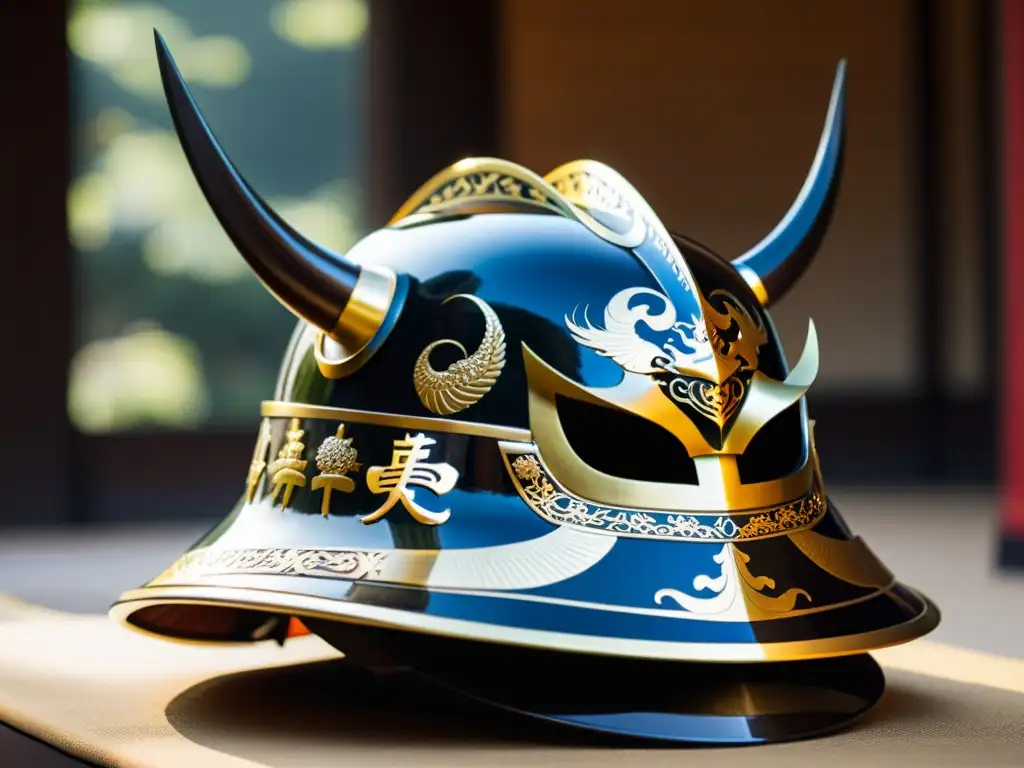 El casco samurái Edo: detallado kabuto de hierro lacado con grabados de dragones y motivos japoneses, evocando la historia de los guerreros