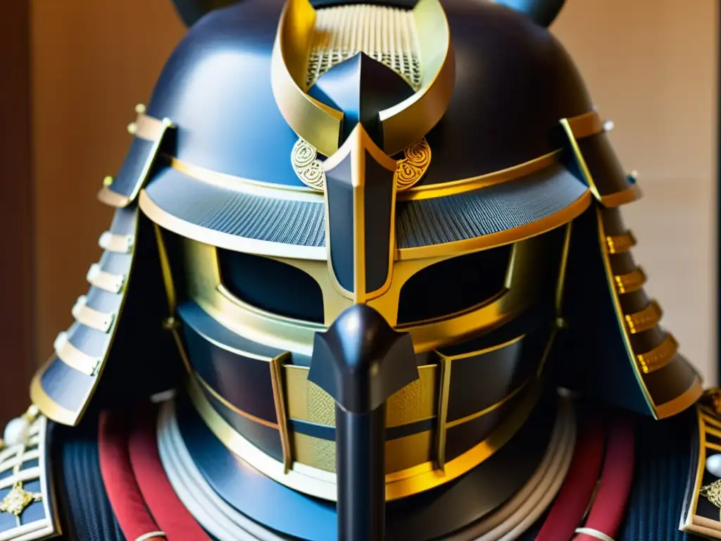 Kabuto samurái: artesanía única en materiales Un casco de samurái detallado con materiales inusuales como cuero lacado, bambú tejido y metal intrincado, destacando su artesanía única y rareza