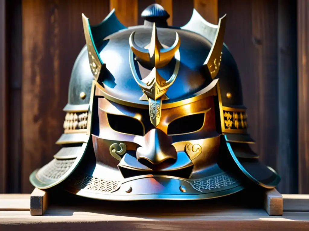 El Casco de Samurai: Historia Forjada en Metal y Madera Un casco de samurái detallado descansa en un soporte de madera envejecida