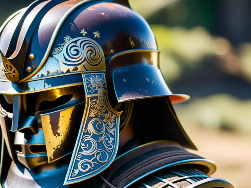 Detalles de un casco de samurái: resistencia y belleza Un casco de samurái envejecido muestra la espiritualidad samurái y el sohei a través de sus diseños intrincados y cicatrices de batalla