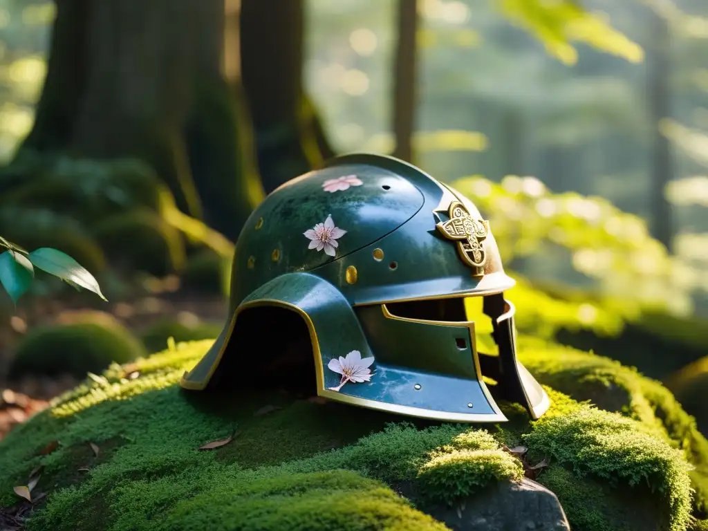 Un casco de samurái impactante descansa sobre una piedra cubierta de musgo en un claro del bosque, evocando la atmósfera de las Guerras Boshin