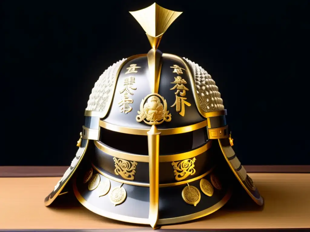 Un casco samurái japonés detallado con grabados e iluminado, reflejando el legado del Código del Samurái Wokou Bushi