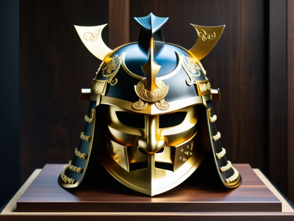 El casco de samurái de los mercenarios Saika Ikki, con intrincados grabados y detalles en oro, exhibido en un soporte de madera oscura