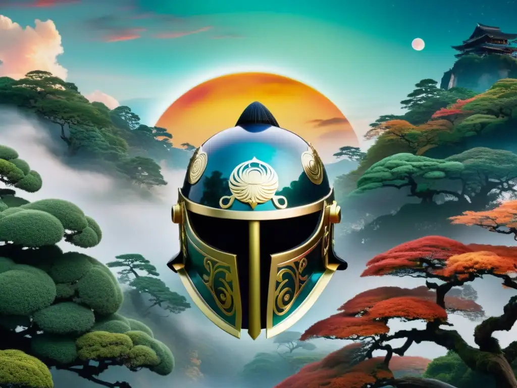 El casco del samurái: una fusión misteriosa y surrealista Un casco de samurái suspendido en un paisaje surrealista con fusión del surrealismo con samurái, evocando misterio y arte