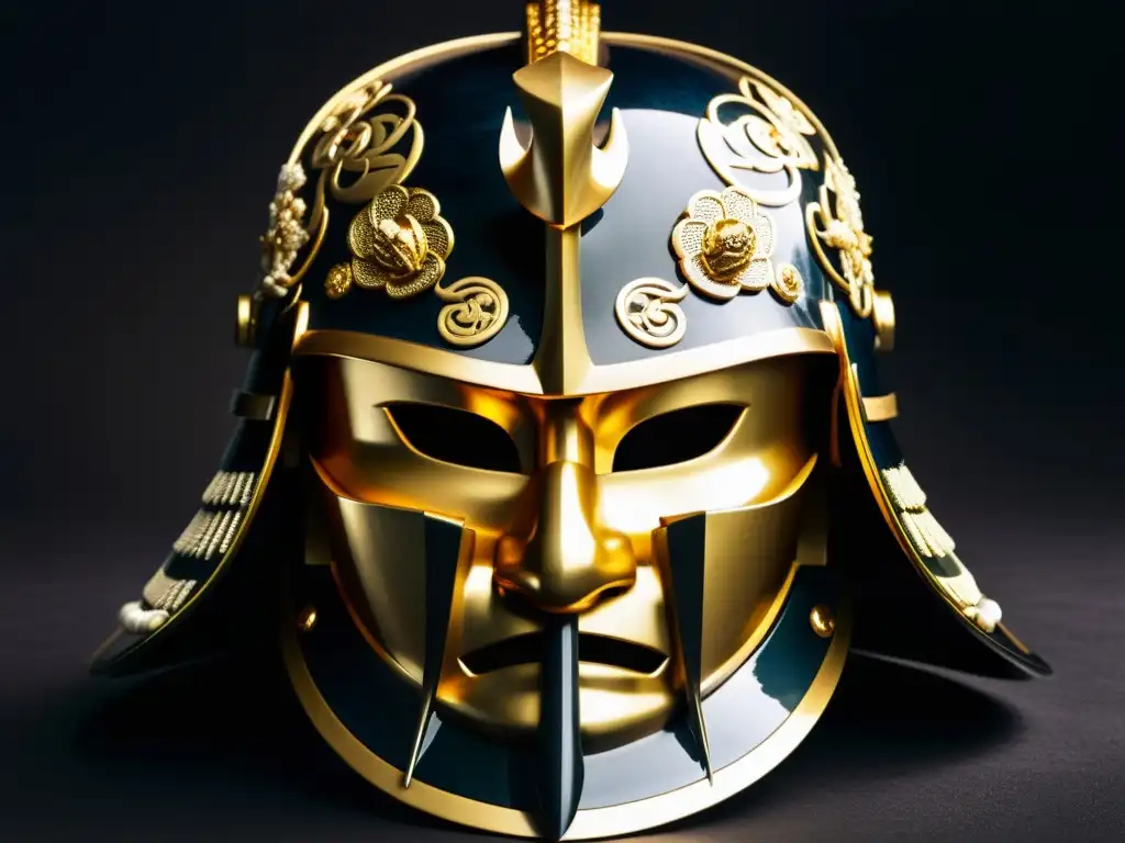 Un casco samurái tradicional, con detalle meticuloso y expresión feroz, destacado en un fondo oscuro
