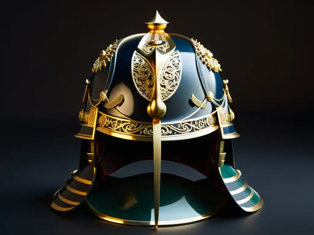 Un casco samurái tradicional, con detalles elaborados y metalurgia ornamental, destacado en un fondo oscuro y dramático