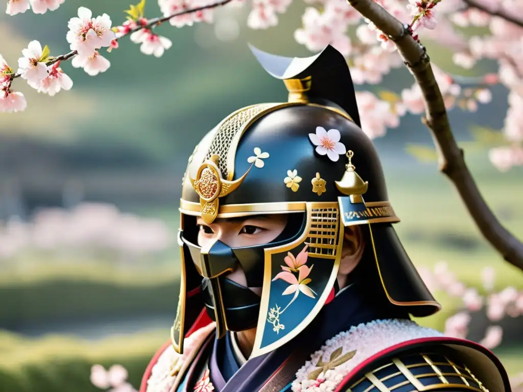 Un casco de samurái tradicional rodeado de cerezos en flor, reflejando el papel de los guerreros en el Kanamara Matsuri