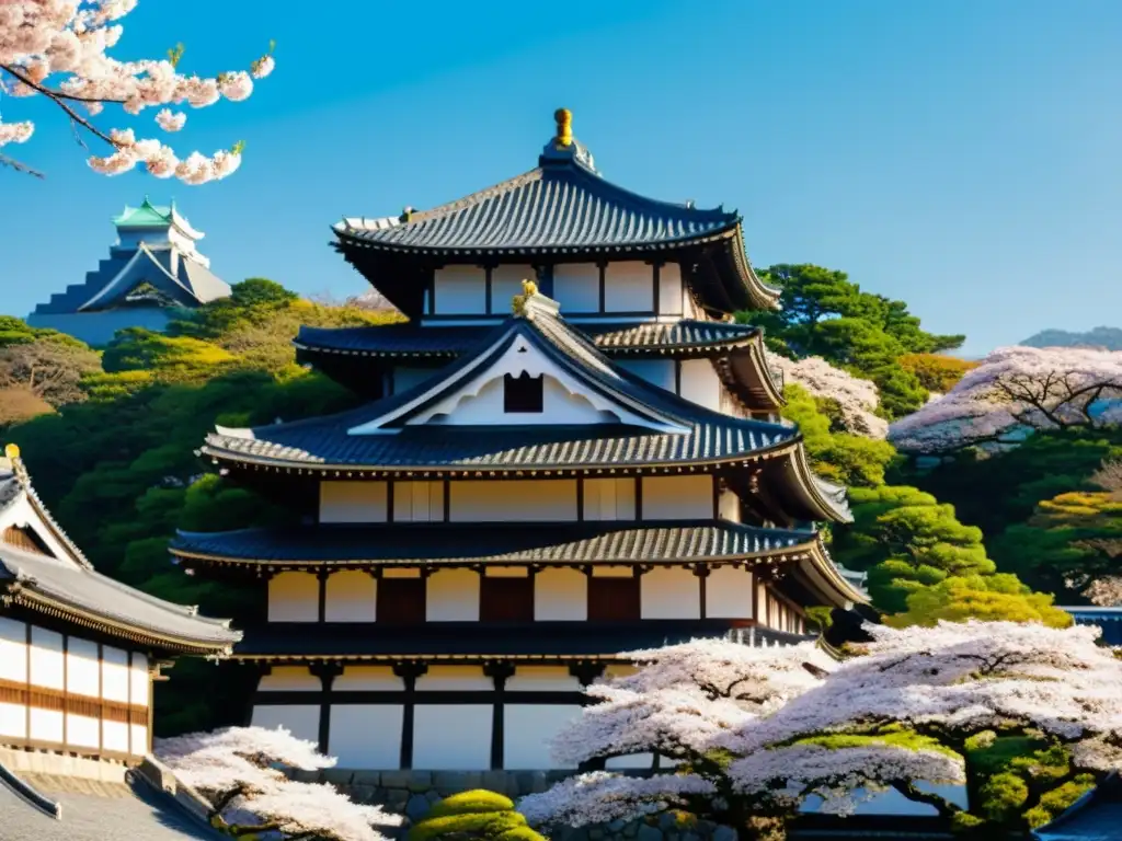 Castillo de Himeji: Elegante y majestuoso Castillo samurái en Japón, destacando su arquitectura de madera, tejados curvos y sus imponentes muros defensivos