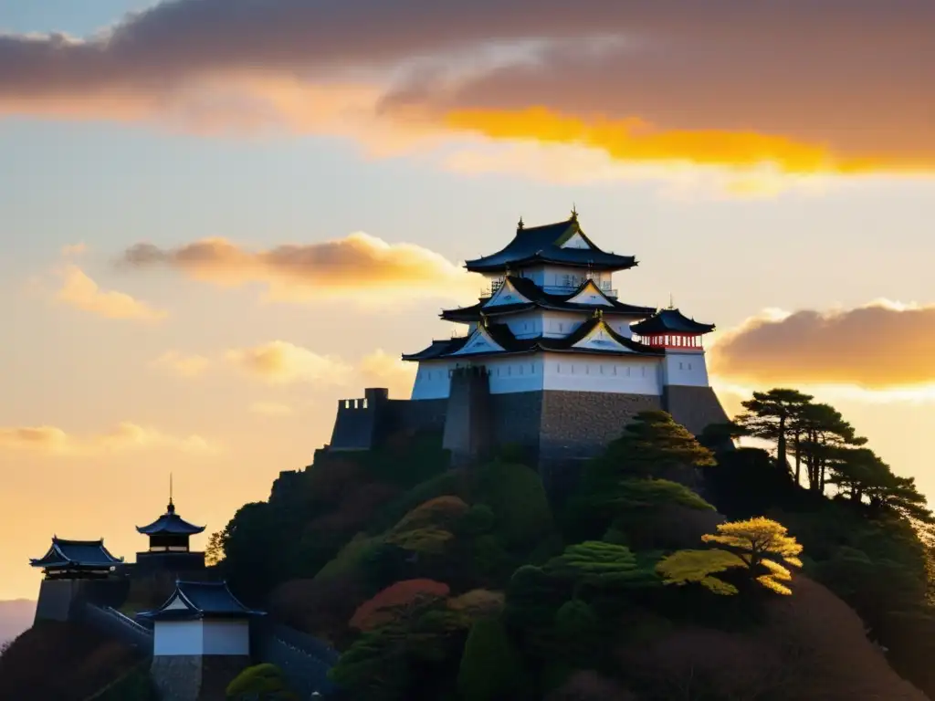 El Castillo Kasugayama al atardecer, con la silueta imponente de la fortaleza histórica destacándose en un cielo vibrante y multicolor