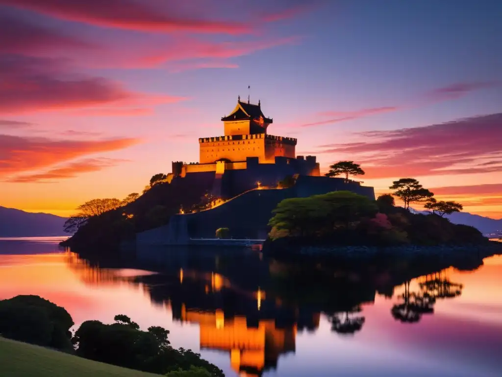 Castillo de Azuchi en la era Azuchi-Momoyama, majestuoso castillo samurái reflejado en un lago sereno al atardecer vibrante